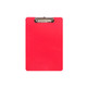 A red clipboard with a metal clip on the top. The surface is smooth and glossy.