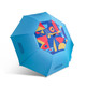 A blue sports umbrella with a vibrant multicoloured pattern on the top, featuring geometric shapes. It has a logo.
