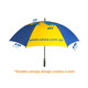 A full-colour sports umbrella featuring a blue and yellow double-canopy design. Includes a handle and a logo.