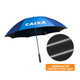 A blue and navy sports umbrella with a black shaft and a logo. It features an additional UV resistant inner layer.
