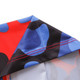 A Polyester neck gaiter featuring a vibrant pattern of red, blue, and black colours with visible stitching.