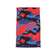 A polyester neck gaiter with a vibrant red, blue, and black camouflage pattern, featuring a logo.