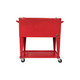 A red 75L cooler box trolley with a wheeled base and two handles for easy mobility. It features a large storage compartment.