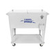 A white cooler box trolley with a lid, featuring a branding logo and wheels for easy mobility.