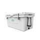 A white 85L cooler box with a logo and black latches, featuring a drainage plug on one side.