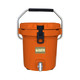 An orange ice bucket with a metal handle and a faucet at the bottom. Features a branding logo on the front.