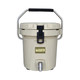 A beige ice bucket with a stainless steel faucet and a sturdy handle, featuring a logo on the front.