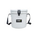 A white 12L ice bucket with a black strap and a logo on the front.