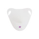A white ice bucket with curved handles and a logo on the front.