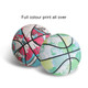 Two basketballs with full colour print, featuring vibrant designs in shades of red, blue, and green. Each ball has a distinct look.