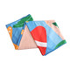 A microfibre beach towel featuring vibrant blue, orange, and pink patterns, measuring 100x180cm. Includes a logo.