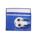 A blue sports towel featuring a soccer ball design, with a white terry cloth backing. It includes a logo.