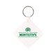 A square white keyring with a silver metal ring and a green logo design.