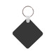 A square, black keyring with a metal ring for attachment. The keyring has a smooth surface and a white clip.