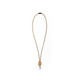 A cork lanyard in natural tones featuring a clip at one end and a logo at the other.