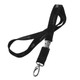 A black neoprene lanyard with a metal clip and branding, featuring a soft texture and durable design.