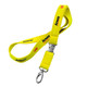 A bright yellow neoprene lanyard with a clip and a logo.