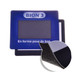 A blue framed mouse mat with a textured underside and a logo at the top. It features a smooth surface for mouse use.