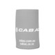 A drink bottle holder in grey with a base, featuring a logo and a smooth texture.