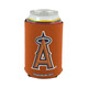 A drink can held in an orange foldable stubby holder featuring a logo.