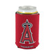 A drink can nestled in a red foldable stubby holder with a logo.