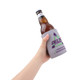 A drink bottle is held in a grey stubby holder featuring a logo. The holder is designed to keep beverages cool.