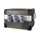 A drink bottle holder in grey with three stubby holders attached, featuring a logo on each holder.
