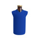 A drink bottle with a blue cooler designed to fit securely around it, featuring a v-shaped neck and a logo.