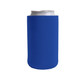 A drink can nestled in a blue skinny stubby holder. The holder features a smooth surface and a seamless design.