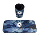 A drink bottle holder and matching mouse pad in a blue camo design, both featuring a logo.
