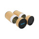 Medium kraft paper cylinders with black lids, featuring a logo, arranged upright.