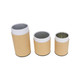 Medium kraft paper cylinders with black lids in various sizes. The cylinders have a smooth, natural paper finish.