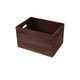 A large wooden storage box in dark brown, featuring cut-out handles for easy carrying.