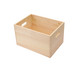 A large wooden storage box with a natural finish and side handles for easy carrying.