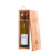 A drink bottle is elegantly placed inside a natural wooden wine box with a rope handle, featuring a branded lid.