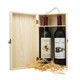 A double bottle wooden wine box in natural wood finish, featuring two wine bottles inside with straw fill.