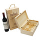 A wooden wine box with a handle, featuring one compartment and straw filling, alongside a wine bottle.