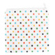 A reusable food pouch with a zipper closure, featuring a white background adorned with multi-coloured polka dots.