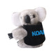 A grey koala plush toy with a black pouch featuring a logo, designed to clip on items.