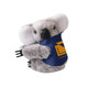 A grey koala plush toy with large ears, featuring a blue and yellow logo on its belly.