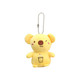 A yellow koala plush keyring with a drink design on its belly, attached to a metal chain.