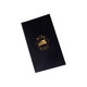 A black menu folder with a gold logo, designed for wine listings. It has a sleek, elegant appearance.