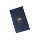 A navy blue wine menu featuring a gold imprint and a decorative logo on the front cover.