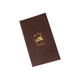 A brown wine menu with a gold logo on the front, designed for showcasing drink selections.