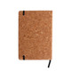 A cork notebook featuring a natural texture, with a black elastic band and strap. Ideal for note-taking and office use.
