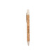 A cork pen with a natural finish and white tip, featuring a branding logo on the side.