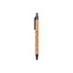 A cork pen with a grey click mechanism and black nib, featuring a logo on the barrel.