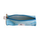 A blue PU leather pencil case with a zip closure, featuring a patterned design and an internal pocket.