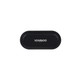 A black charging case for wireless earbuds with a branding logo on the top.