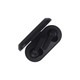 A pair of black wireless earbuds placed inside a sleek, black charging case. The case is slightly open.